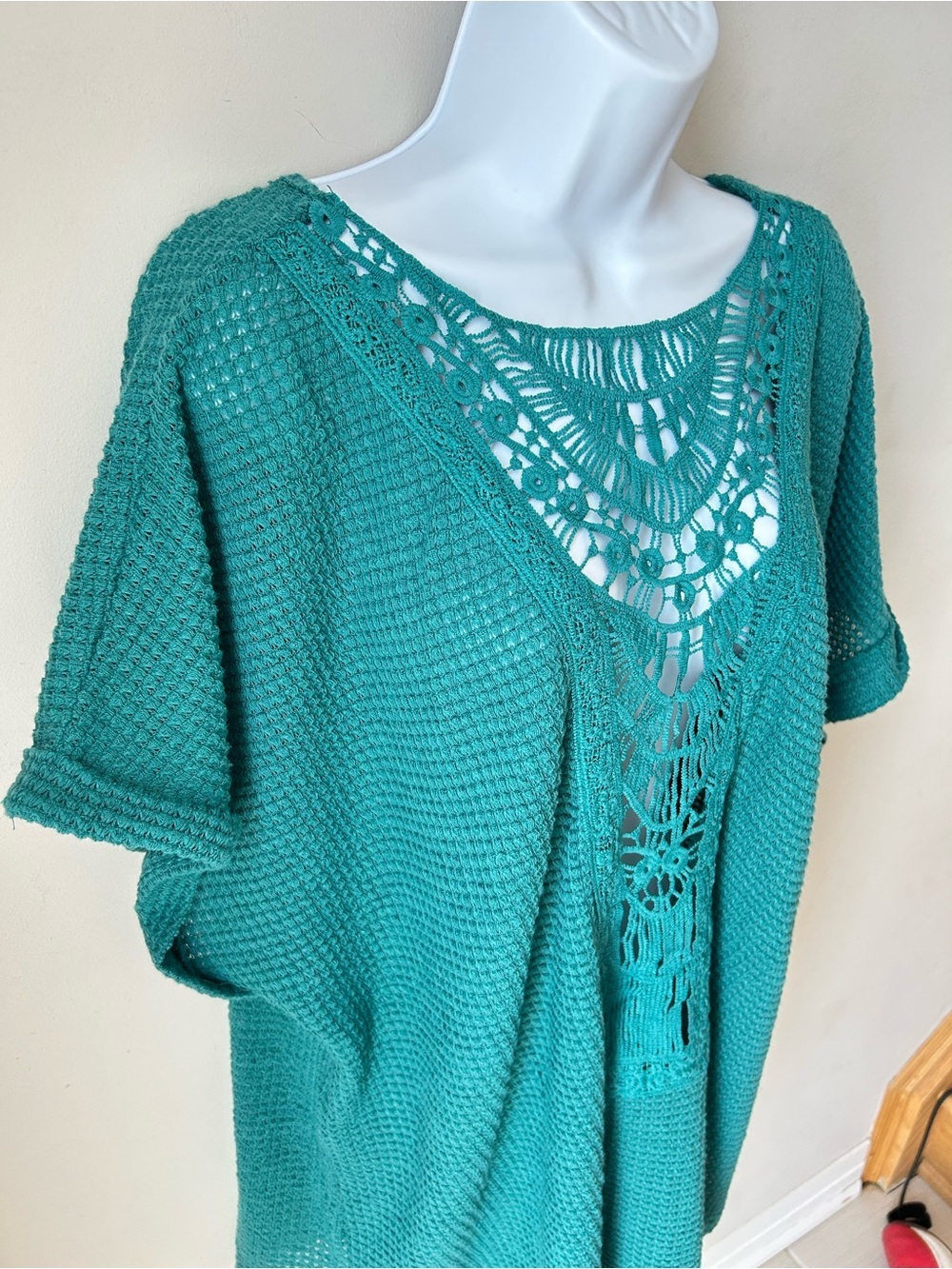 🟢 5 for $25 🟢 Crochet-Detail Teal Knit Tunic Top Coastal Grandma Cottagecore Bea
